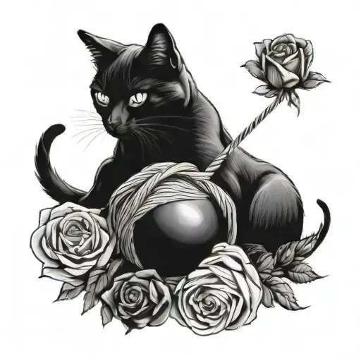 A Black And Grey Tattoo Of A Cat Lloyd Playing With A Ball Of Yarn Surrounded By Roses