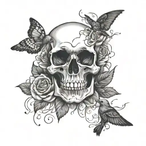 Skull And Roses With Black Birds And Butterflies