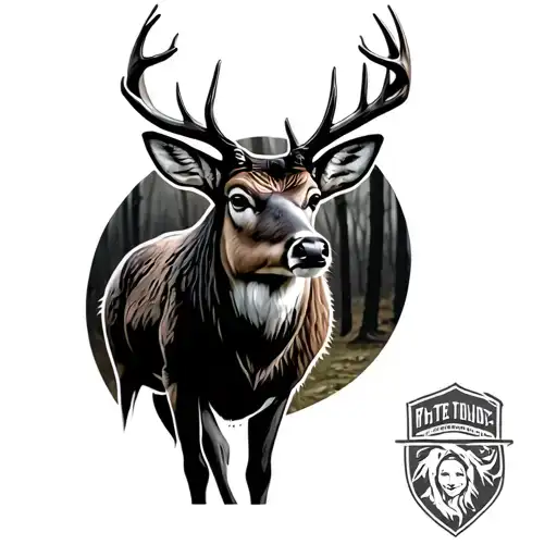 Whitetail Buck Standing In Woods With A Cardinal