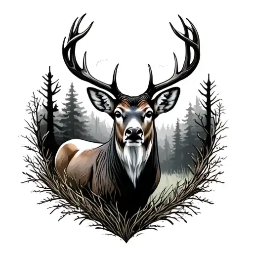 Whitetail Buck Standing In Woods With A Cardinal