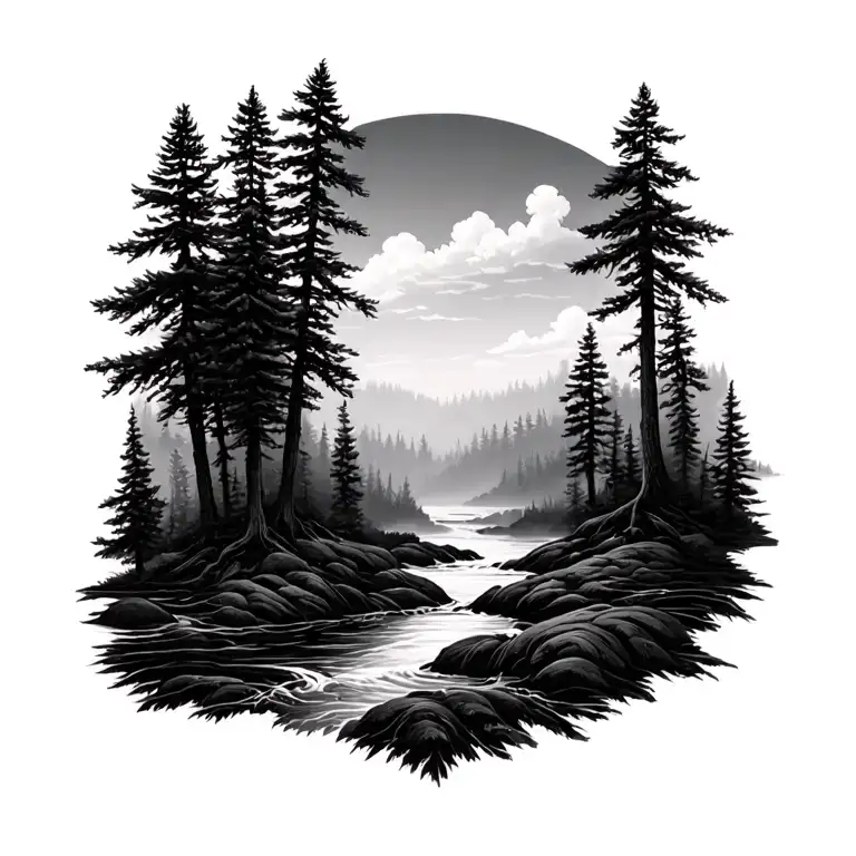 Pine Trees River Flowing