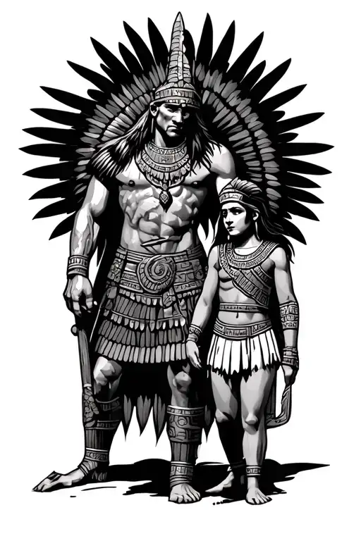 Male Aztec Standing Warrior Guarding Daughter
