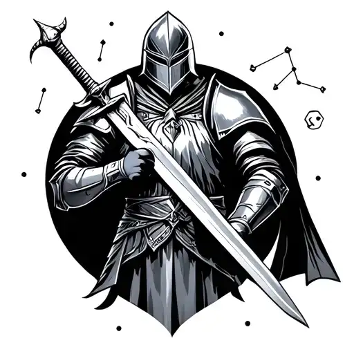 Knight Holding Sword And Capricorn Constellation