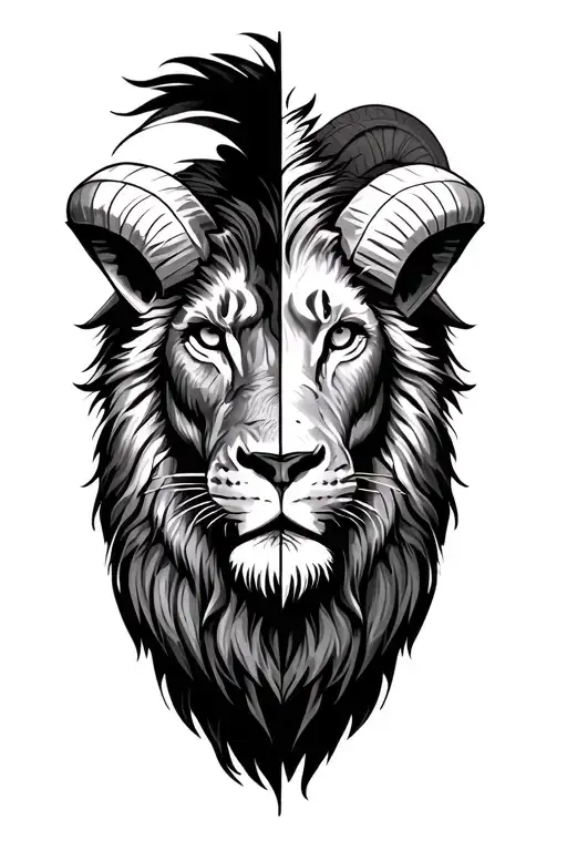Left Half Lion Face And Right Half Ram Face