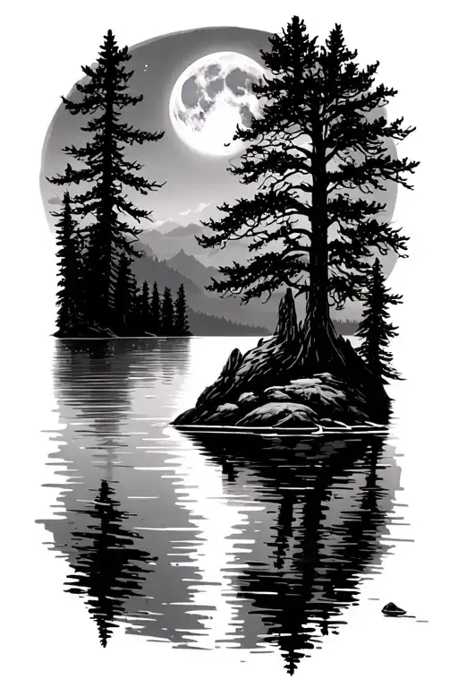 A Lake And Trees With The Moonlight
