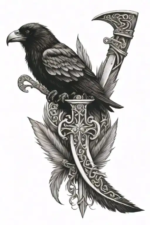 A Crow Feather Wrapping Around A Sword Engraved With Viking Runes