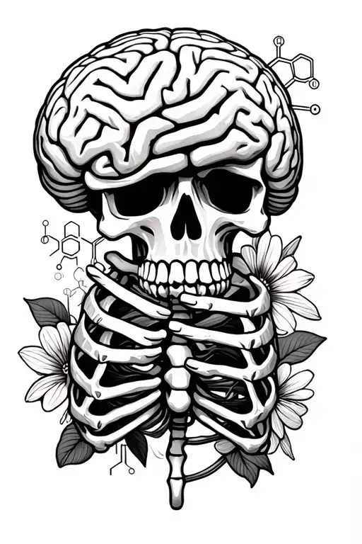 Human Skeleton Holding A Brain With Chemical Structure Of Caffeine And Flowers On The Edge