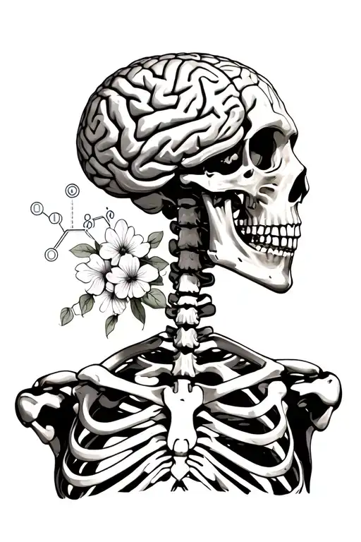 Human Skeleton Holding A Brain With Chemical Structure Of Caffeine And Flowers On The Edge