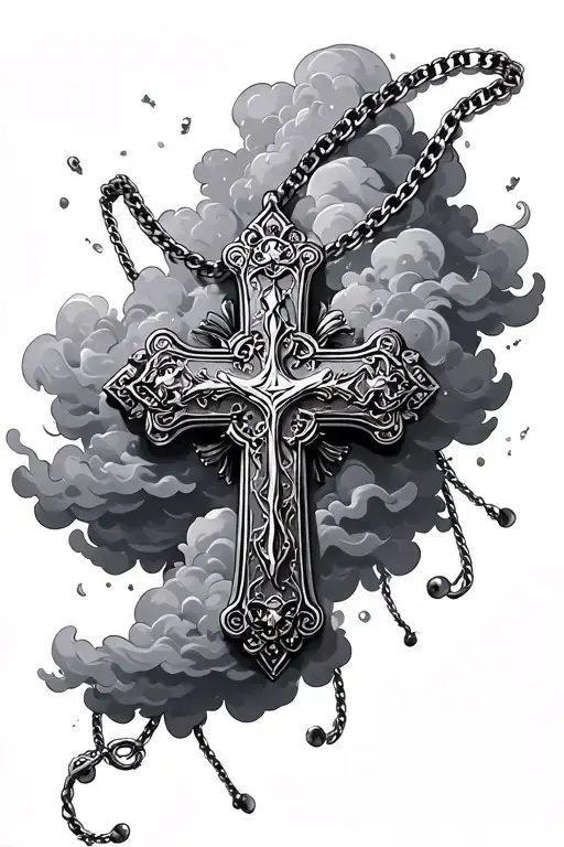 Cross With A Necklace Cross Surrounded That Blends With Clouds