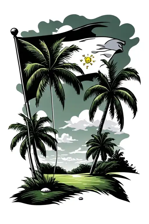 Golf Green With Flag And Palm Trees
