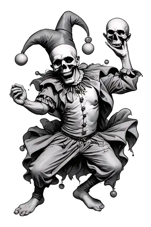A Full Body Court Jester With A Skull For A Face Juggling Happy And Sad Drama Masks