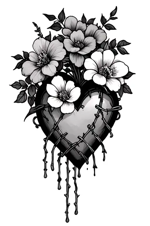 Flowers Around Barb Wire Heart Top And Bottom