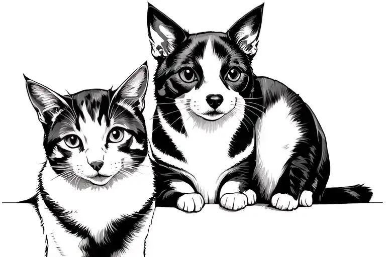 Dog And Two Cats Sitting Together