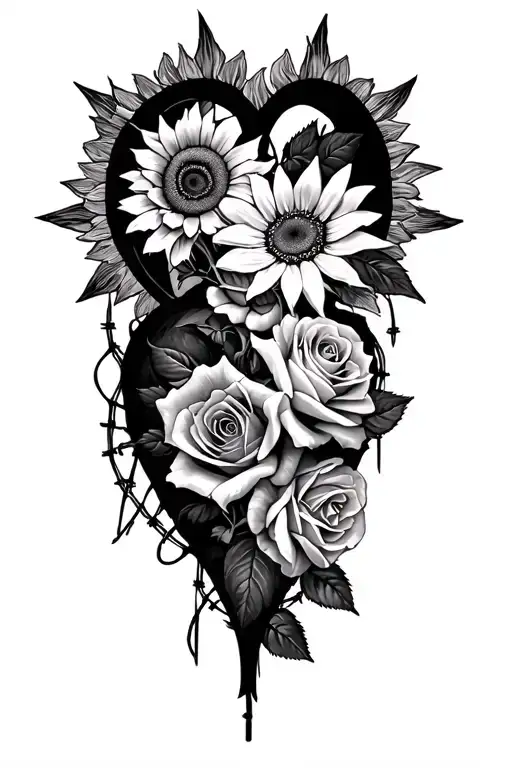 Roses And Sun Flowers Around Barb Wire Heart Top And Bottom