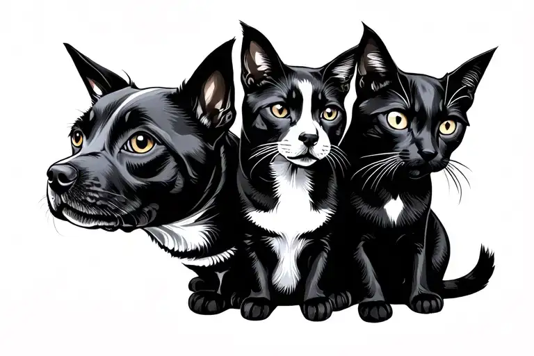 One Dog And Two Cats Sitting Together