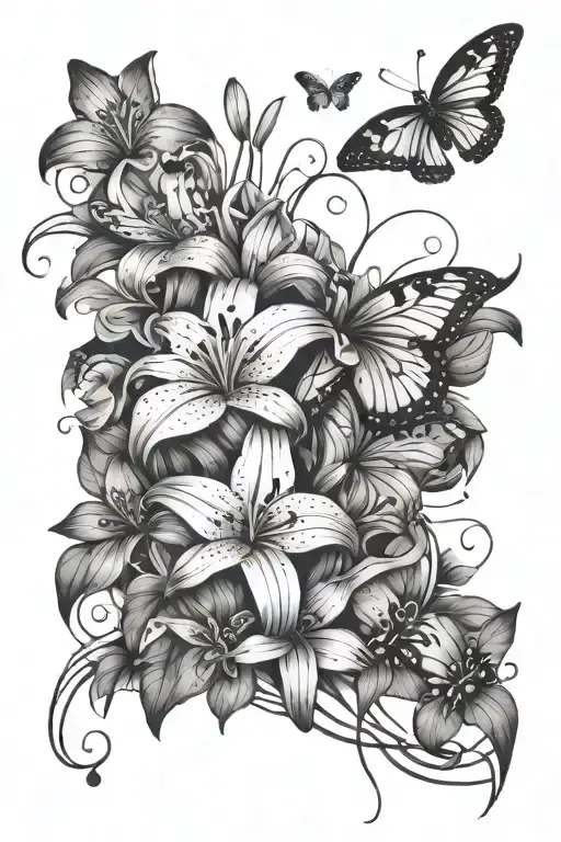 Lilly Flowers Going Down In A Line With Veins And Butterflies