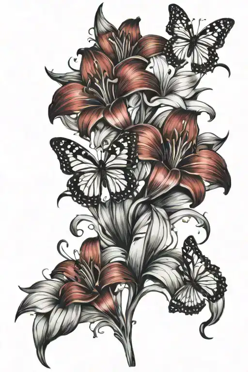 Red Lillys Going Down The Veins With Butterflies