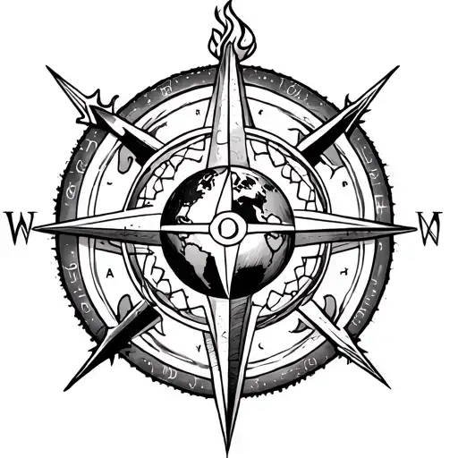 Dharma Chakra Surrounded With Compass Arrows And Fire And World