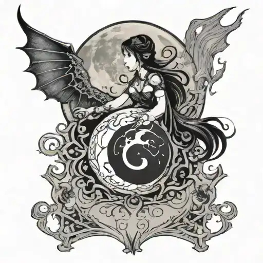 Full Moon With Dark Witch And Ying Yang Symbol Intertwined