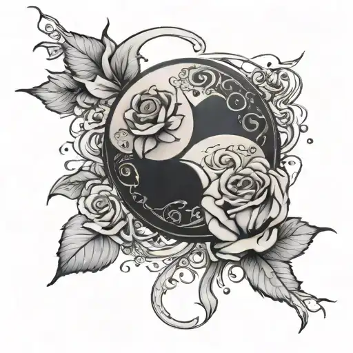 Full Moon With Ying Yang Symbol And Broken Rose