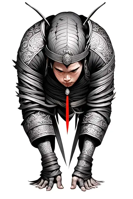 Minimalist Chinese Warrior Bowing Their Heads Wrapped Fine Line