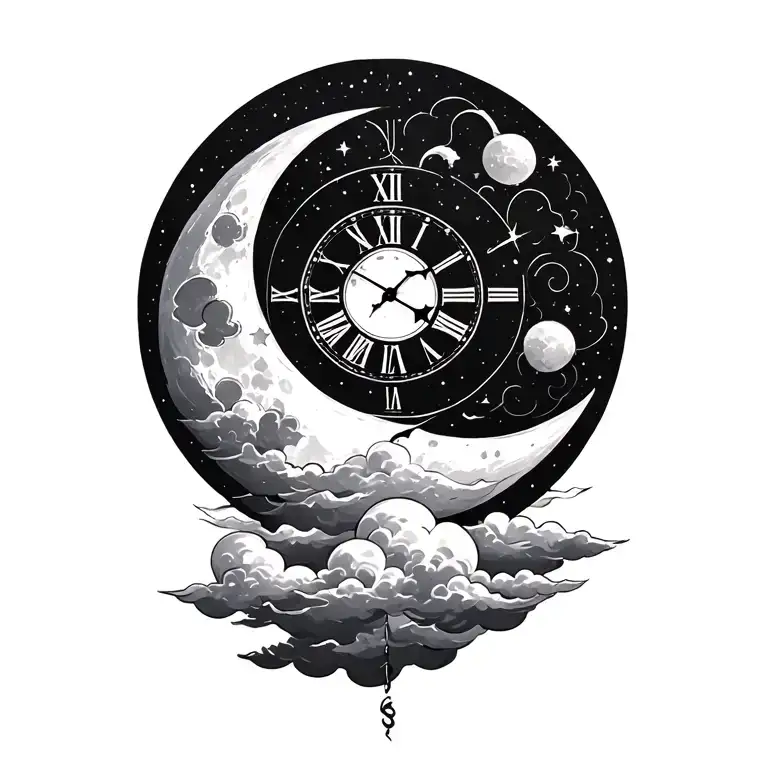 Moon Clouds And Clock Face