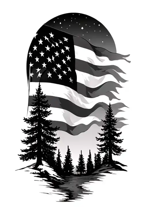 Taddered U S Flag Pine Trees In Moon Light Stream
