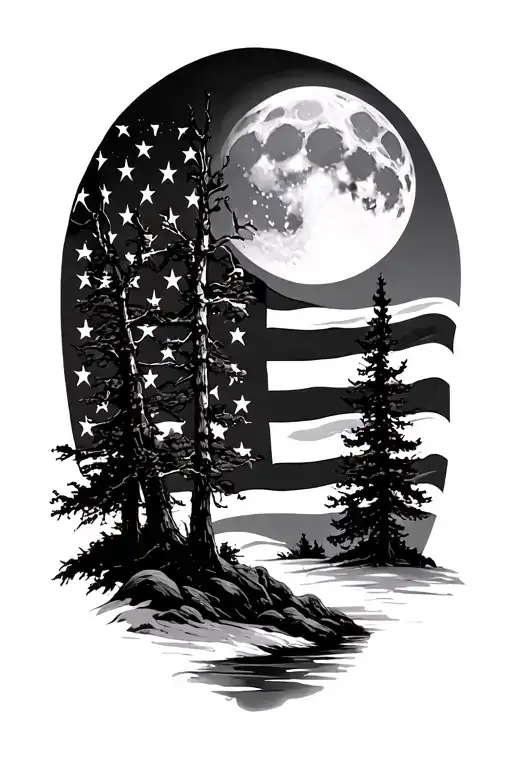 Taddered U S Flag Aspen Trees In Moon Light Stream