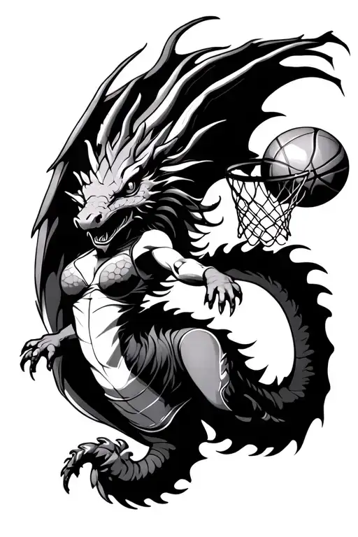 Feminine Athletic Dragon Flying Towards A Basketball Rim