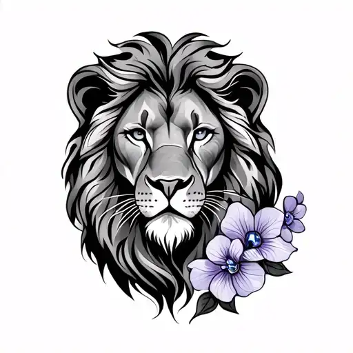 Fine Line Lion Tattoo With Violets And Stones Representing Resilience