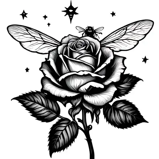 Rose With A Honey Bee On It And A Starry Night In The Background