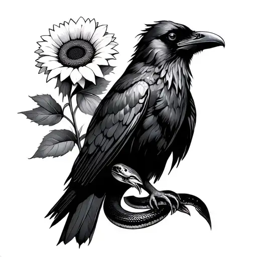 Raven With A Cobra In Its Claws And Sunflower Blooming