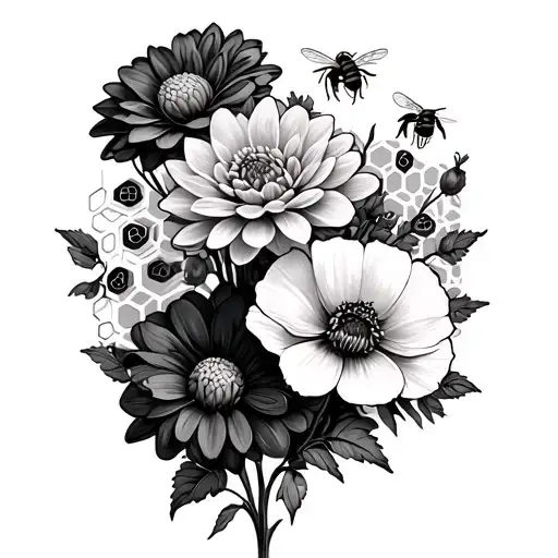 Dahlia And Poppy Flowers With Bees And Honeycomb