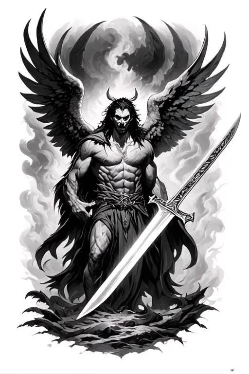 Arcangel Gabriel With His Sword Approaching The Demon