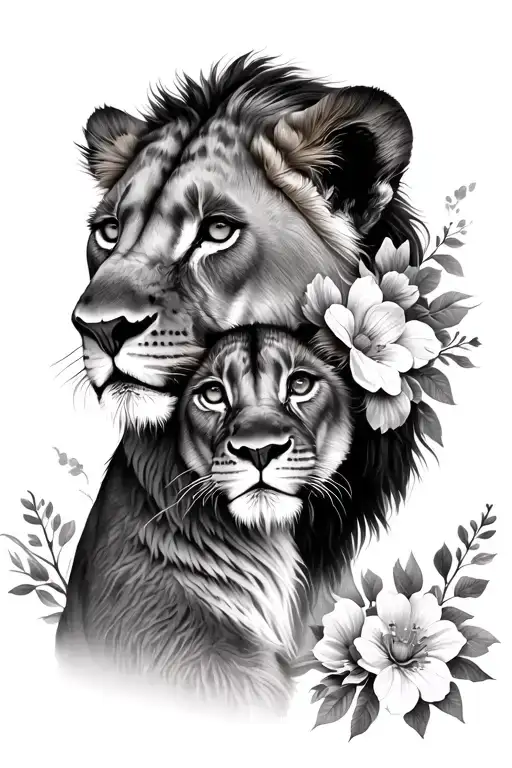 Lioness And Cub With Flowers Wrapped