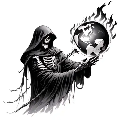 Grim Reaper Holding World Burning Skeleton Suffering
