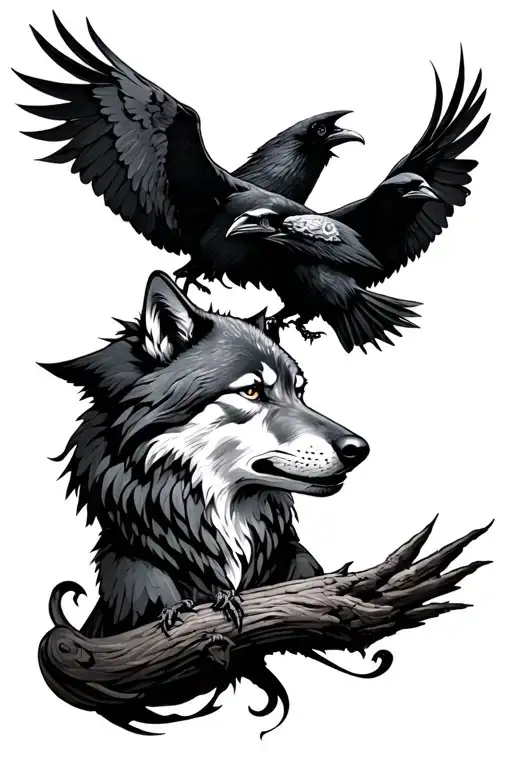 Norse Wolf And Two Ravens Huginn And Muninn