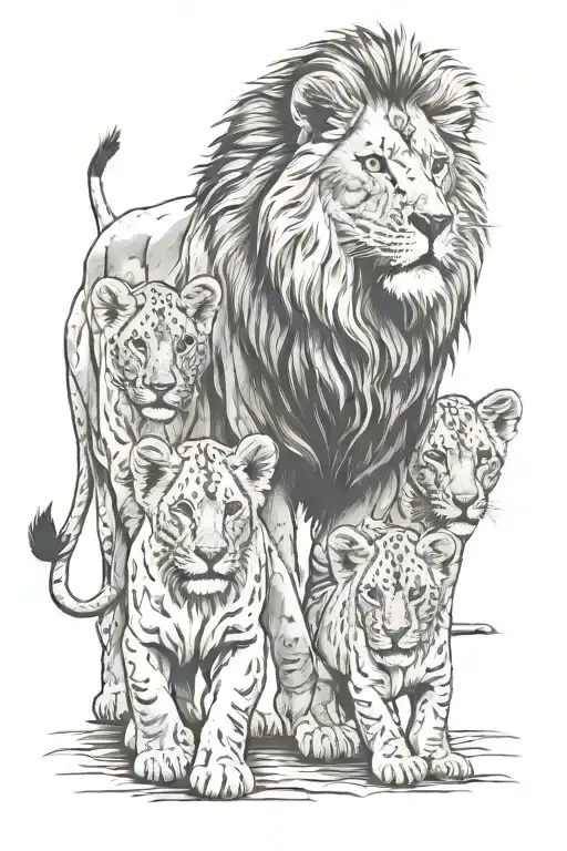 Lion With 3 Cubs Walking