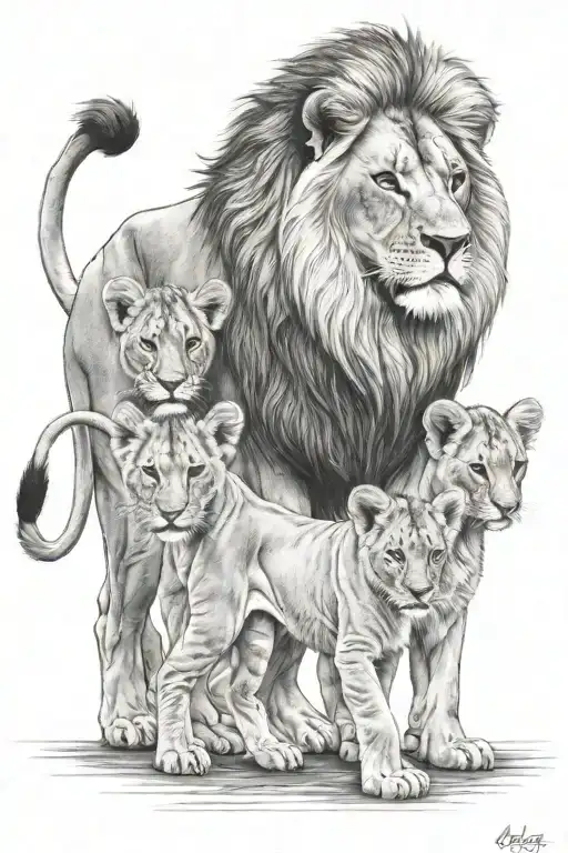 Lion With 3 Cubs Walking