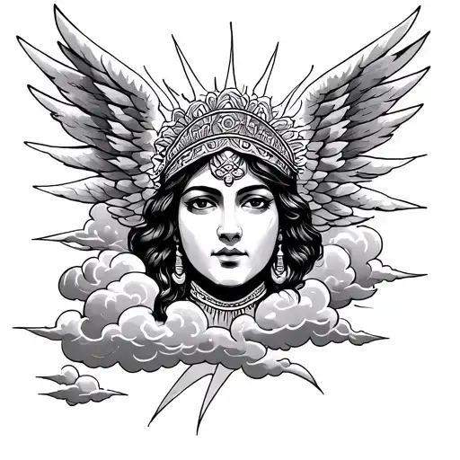 Chicano Angel Face Surrounded By Clouds And Sun Rays