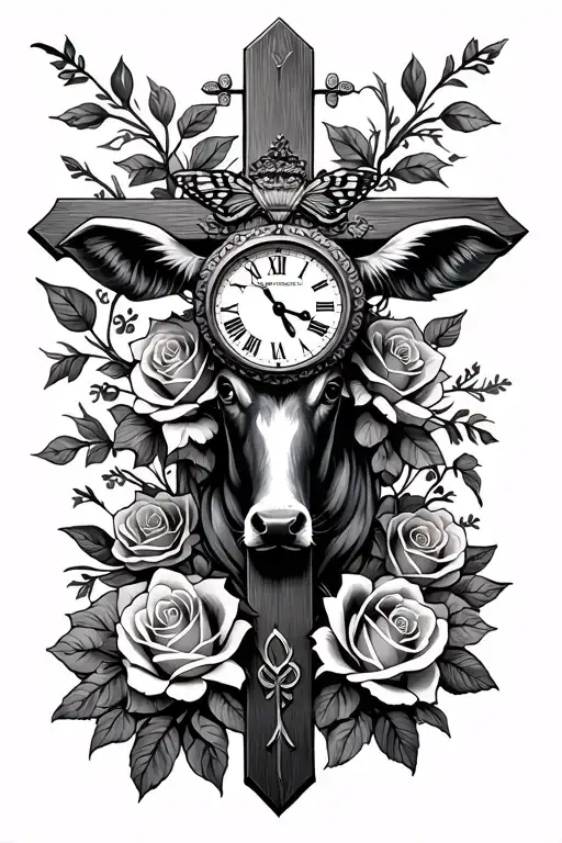 Do A Calf Tattoo Design With A Cross And A Lot Of Roses Around It With A Clock And A Monarch On It