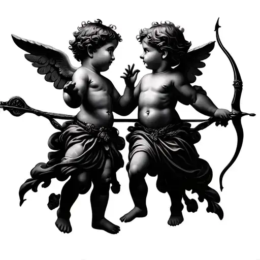 Two Realistic Cherubs Holding Bow And Arrows Facing Each Other