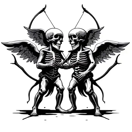 Two Realistic Cherub Skeletons Holding Bow And Arrows Facing Off