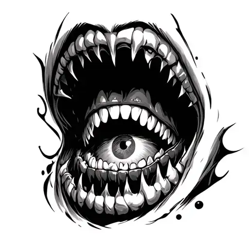 Creepy Dark Mouth With Sharp Teeth Opening Up With Eye In The Middle Looking Outwards