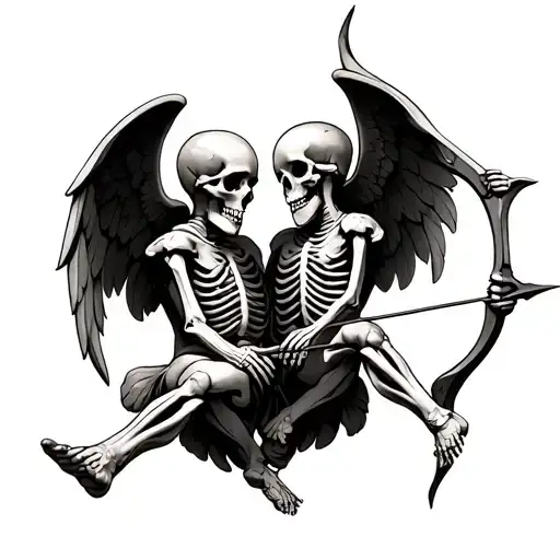 Two Realistic Cherub Skeletons Pointing Bow And Arrows At Each Other