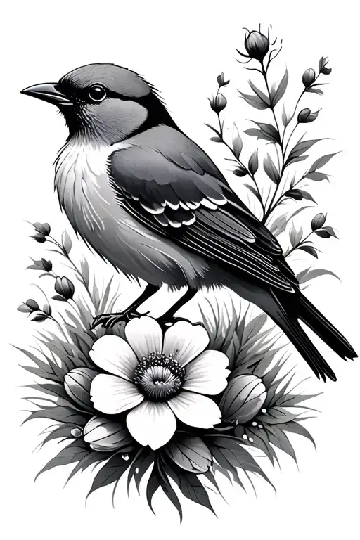 Bird On Flowers And Grass