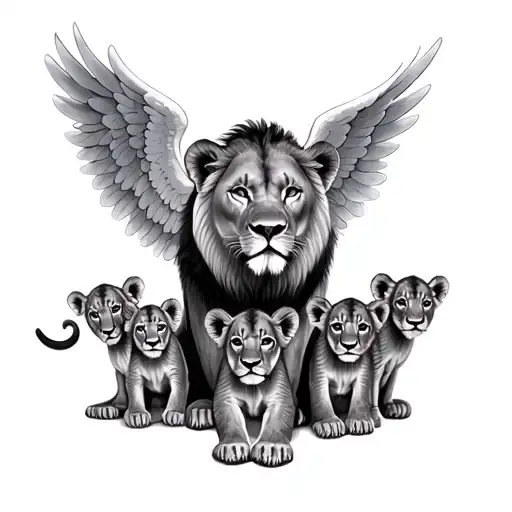 Lioness With 4 Cubs And 1 Cub With Angel Wings Flying