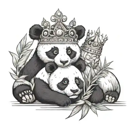 One Panda With A Crown Eating Bamboo And One Panda Wearing A Tiara Laying Down
