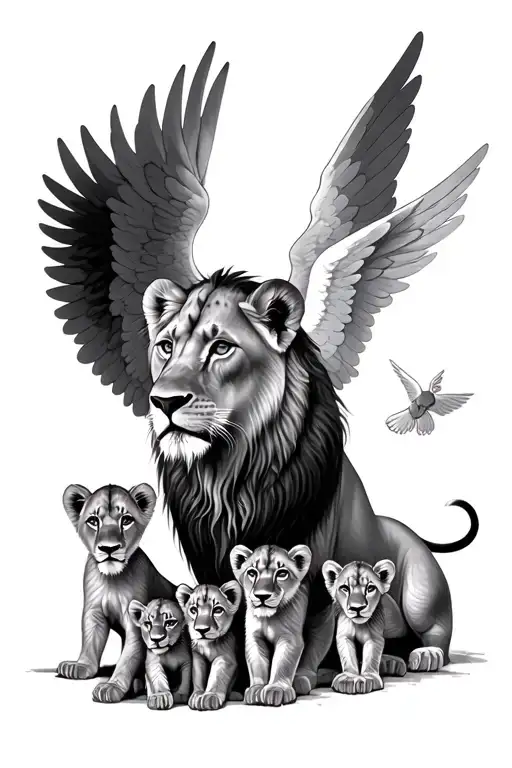 Lioness With 4 Cubs And 1 Cub With Angel Wings Flying