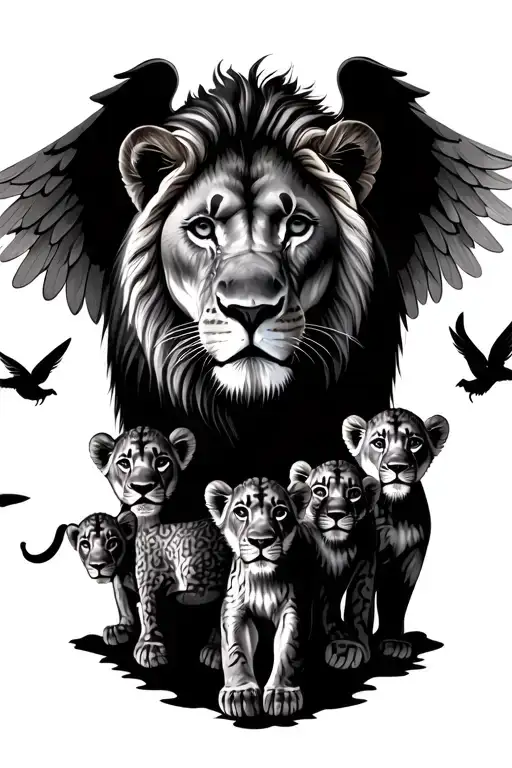 Momma Lion With 3 Cubs And 1 Cub With Angel Wings Flying